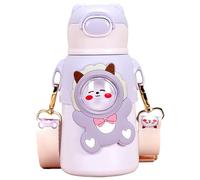 Porgeel Kawaii Water Bottle, 500ml Insulated Water Bottle with Straw and Strap Student Kid Cartoon Drinking Kettle Big Belly Cup for School Sports, Purple