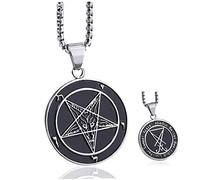 Porgeel Men Stainless Steel Pendant Necklace Seal Of Satan Sigil Of Lucifer Both Sided Baphomet Goat Devil Inverted Pentagram Chain 26 Inch