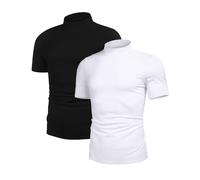 Poriff Men's Casual Mock Turtleneck Pullover Tops Short Sleeve Slim Fit T-Shirts Basic Solid Color Tees, 2 Pack(black+white), Large