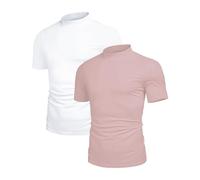 Poriff Men's Casual Mock Turtleneck Pullover Tops Short Sleeve Slim Fit T-Shirts Basic Solid Color Tees, 2 Pack(white+pink), S