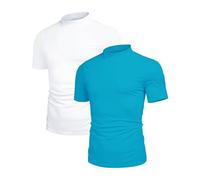 Poriff Men's Casual Mock Turtleneck Pullover Tops Short Sleeve Slim Fit T-Shirts Basic Solid Color Tees, 2 Pack(white+light Blue), Large