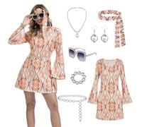 PORJDN 60s 70s Hippie Costume for Women - 7 Piece Disco Party Outfit with Flared Dress, Peace Sign Necklace, Earrings, Headband, Sunglasses, Bracelet and Waist Chain (Orange, S)