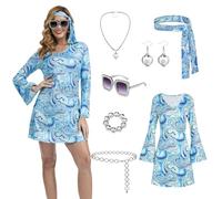 PORJDN 60s 70s Hippie Costume for Women - 7 Piece Disco Party Outfit with Flared Dress, Peace Sign Necklace, Earrings, Headband, Sunglasses, Bracelet and Waist Chain (Blue, 2XL)