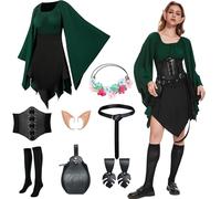 PORJDN Medieval Clothing Women's Traditional Irish Dress Goth Dress Renaissance Elf Costume with Elf Ears, Hair Accessories, Overknee Socks for Halloween Costume Cosplay (Black, XL)