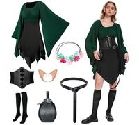 PORJDN Medieval Clothing Women's Traditional Irish Dress Goth Dress Renaissance Elf Costume with Elf Ears, Hair Accessories, Overknee Socks for Halloween Costume Cosplay (Black, M)