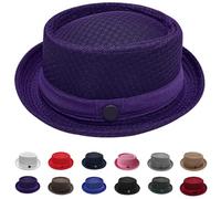 Pork Pie Hat for Men Woven Mesh Short Brim Summer Hat Porkpie Fedora Trilby Style Breathable Dress Hat with Band Casual Party Holiday Jazz Costume Outdoor Travel Beach Wedding Dark Purple
