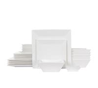 Porlien 24-Piece Classic Square Dinnerware Set for 6 Dinner Plates, 8 Dessert Plates, 20-Ounce Bowls & 3.5-Inch Dipping Saucers, White Finish