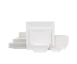 Porlien 24-Piece Classic Square Dinnerware Set for 6 Dinner Plates, 8 Dessert Plates, 20-Ounce Bowls & 3.5-Inch Dipping Saucers, White Finish