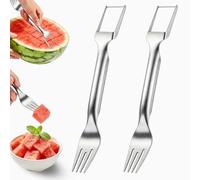 Porlik Watermelon Cutter Fork, Stainless Steel Fruit Slicer Tool for Melon, Pineapple, Mango, Effortless Cube Cutting Gadget, Ergonomic Handle, Dishwasher Safe, Silver