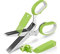 POROMI Herb Scissors Set - Cool Kitchen Gadgets for Cutting Fresh Garden Herbs - Herb Cutter Shears with 5 Blades and Cover, Sharp and Anti-Rust Stainless Steel, Dishwasher Safe (Green-White)