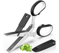 POROMI Herb Scissors Set - Cool Kitchen Gadgets for Cutting Fresh Garden Herbs - Herb Cutter Shears with 5 Blades and Cover, Sharp and Anti-Rust Stainless Steel, Dishwasher Safe (Black-White)