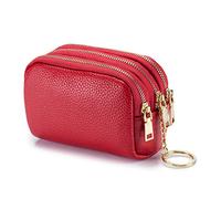 PORRASSO Genuine Leather Coin Purse Change Pouch Portable Credit Card Holder Multifunction Key Case Wallet Red