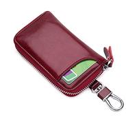 PORRASSO Genuine Leather Key Case Car Key Bag Key Pouch Portable Card Holder Keychain Wallet with 6 Hook for Men Women Wine Red