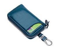 PORRASSO Genuine Leather Key Case Car Key Bag Key Pouch Portable Card Holder Keychain Wallet with 6 Hook for Men Women Blue
