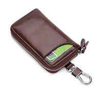 PORRASSO Genuine Leather Key Case Car Key Bag Key Pouch Portable Card Holder Keychain Wallet with 6 Hook for Men Women Brown