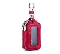 PORRASSO Key Case Genuine Leather Car Key Bag Double Layer Key Zipper Pouch Portable Car Smart Key Chain for Men Women Red
