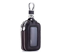 PORRASSO Key Case Genuine Leather Car Key Bag Double Layer Key Zipper Pouch Portable Car Smart Key Chain for Men Women Brown