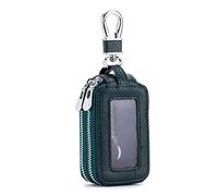 PORRASSO Key Case Genuine Leather Car Key Bag Double Layer Key Zipper Pouch Portable Car Smart Key Chain for Men Women Green