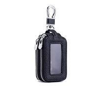 PORRASSO Key Case Genuine Leather Car Key Bag Double Layer Key Zipper Pouch Portable Car Smart Key Chain for Men Women Black