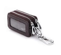 PORRASSO Key Case Genuine Leather Car Key Bag Portable Key Zipper Pouch Double Layer Car Smart Key Chain for Men Women Brown