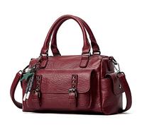 PORRASSO Retro Women's Handbag Shoulder Bag with Pendant, Waterproof Shoulder Bag PU Leather Work Travel Dating Bag Boston, wine red, L
