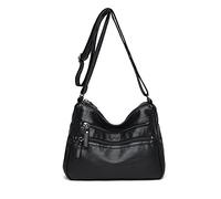PORRASSO Women's Vintage Multi-Pocket Shoulder Bag, Black, 26x12x20 cm