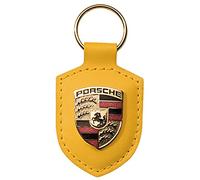 Porsche Key Fob in Yellow Leather with Silver Metal Crest, Officially Licensed