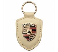 Porsche Key Fob, Off White Leather with Metal Colour Crest, Silver Presentation Box