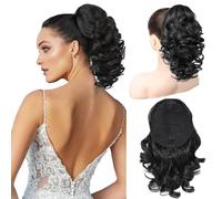 PORSMEER 12 Inch Black Drawstring Ponytail Extension, Short Loose Wavy Pony Tails Hair Extensions Natural Synthetic Hair Pieces for Women Daily Use/Party