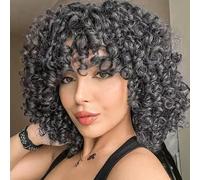 PORSMEER 14 Inch Kinky Curly Wigs for Black Women Afro Bomb Curly Wig with Bangs Synthetic Fiber Glueless Long Deep Wave Hair (Black mix white)