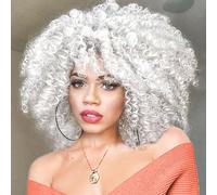PORSMEER 14 Inch Kinky Curly Wigs for Black Women Afro Bomb Curly Wig with Bangs Synthetic Fiber Glueless Long Deep Wave Hair (White)