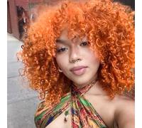 PORSMEER 14 Inch Kinky Curly Wigs for Black Women Afro Bomb Curly Wig with Bangs Synthetic Fiber Glueless Long Deep Wave Hair (Orange)
