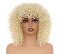 PORSMEER 14 Inch Kinky Curly Wigs for Black Women Afro Bomb Curly Wig with Bangs Synthetic Fiber Glueless Long Deep Wave Hair (Blonde)