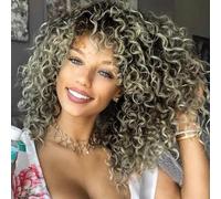 PORSMEER 14 Inch Kinky Curly Wigs for Black Women Afro Bomb Curly Wig with Bangs Synthetic Fiber Glueless Long Deep Wave Hair (Black to Blonde)