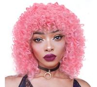 PORSMEER 14 Inch Kinky Curly Wigs for Black Women Afro Bomb Curly Wig with Bangs Synthetic Fiber Glueless Long Deep Wave Hair (Pink)