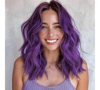 PORSMEER 14 Inches Purple Wig Short Curly Wig Bob Wig Middle Part for Women Beach Wave Wigs for Daily Cosplay Costume Party,dark purple