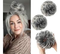 PORSMEER 2 Pieces Large Messy Hair Buns Extensions Curly Wavy Hair Elastic Easy Scrunchies for Women Girls Synthetic Donut Updo Hair Pieces Chignons (Salt and Pepper Color)
