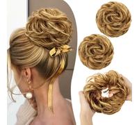 PORSMEER 2 pieces Messy Hair Buns Extensions Curly Wavy Hair Elastic Easy Scrunchies for Women Girls Large Synthetic Donut Updo Hair Pieces Chignons (Honey Brown with blonde)