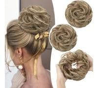 PORSMEER 2 Pieces Messy Hair Buns Extensions Curly Wavy Hair Elastic Easy Scrunchies for Women Girls Large Synthetic Donut Updo Hair Pieces Chignons (Brown mix Beach Blonde)