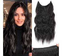 PORSMEER 20inch Long Black Hair Extension with Transparent Invisible Wire, Clip in Hair Extension, One Piece Curly Wavy Hair Pieces Adjustable Size with 4 Secure Clips for Women,Black 2#