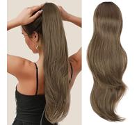 PORSMEER 26 Inch Natural Curly Ponytail Extension,Drawstring Ponytail Hair Extensions, Brown Long Natural Straight Wavy End Synthetic Hairpiece for Women Girls Daily Use/Party