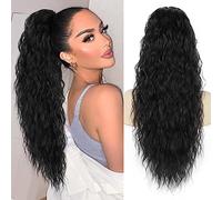 PORSMEER 28 inches Ponytail Extension Black Long Beach Wave Drawstring Clip in Pony Hair Extension Synthetic Pony Tail Hairpiece for Women