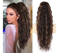 PORSMEER 28 inches Ponytail Extension Black Mixed Blonde Long Beach Wave Drawstring Clip in Pony Hair Extension Synthetic Pony Tail Hairpiece for Women