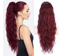 PORSMEER 28 inches Ponytail Extension Wine Red Long Beach Wave Drawstring Clip in Pony Hair Extension Synthetic Pony Tail Hairpiece for Women