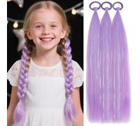 PORSMEER 3 Pack 24 Inch Hair Tinsel Colored Braided Ponytail Extension Gradient Hair Extensions with Elastic Tie Straight Sleek Wrap Around Hair for Braids (Purple)
