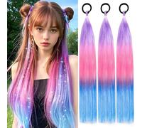 PORSMEER 3 Pack 24 Inch Hair Tinsel Colored Braided Ponytail Extension Gradient Hair Extensions with Elastic Tie Straight Sleek Wrap Around Hair for Braids (Light purple/Pink/Blue)