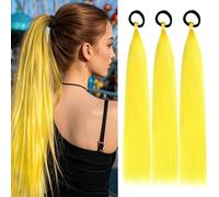 PORSMEER 3 Pack 24 Inch Hair Tinsel Colored Braided Ponytail Extension Gradient Hair Extensions with Elastic Tie Straight Sleek Wrap Around Hair for Braids (Yellow)