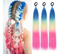 PORSMEER 3 Packs Ponytail Extension 24 inch Blue/Yellow/Pink Colored Hair Extensions Glitter Tinsel Mixed for Braiding Ombre Pony Tail for Braids with Hair Tie Glitter Hair for Festival/Party