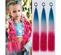 PORSMEER 3 Packs Ponytail Extension 24 inch Colored Hair Extensions for Braiding Rainbow Pony Tail Hair Extensions for Braids with Hair Tie Glitter Hair for Festival/Party,Blue to Pink to Red