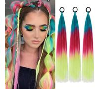 PORSMEER 3 Packs Ponytail Extension 24 inch Green/Red/Yellow Colored Hair Extensions Glitter Tinsel Mixed for Braiding Ombre Pony Tail for Braids with Hair Tie Glitter Hair for Festival/Party